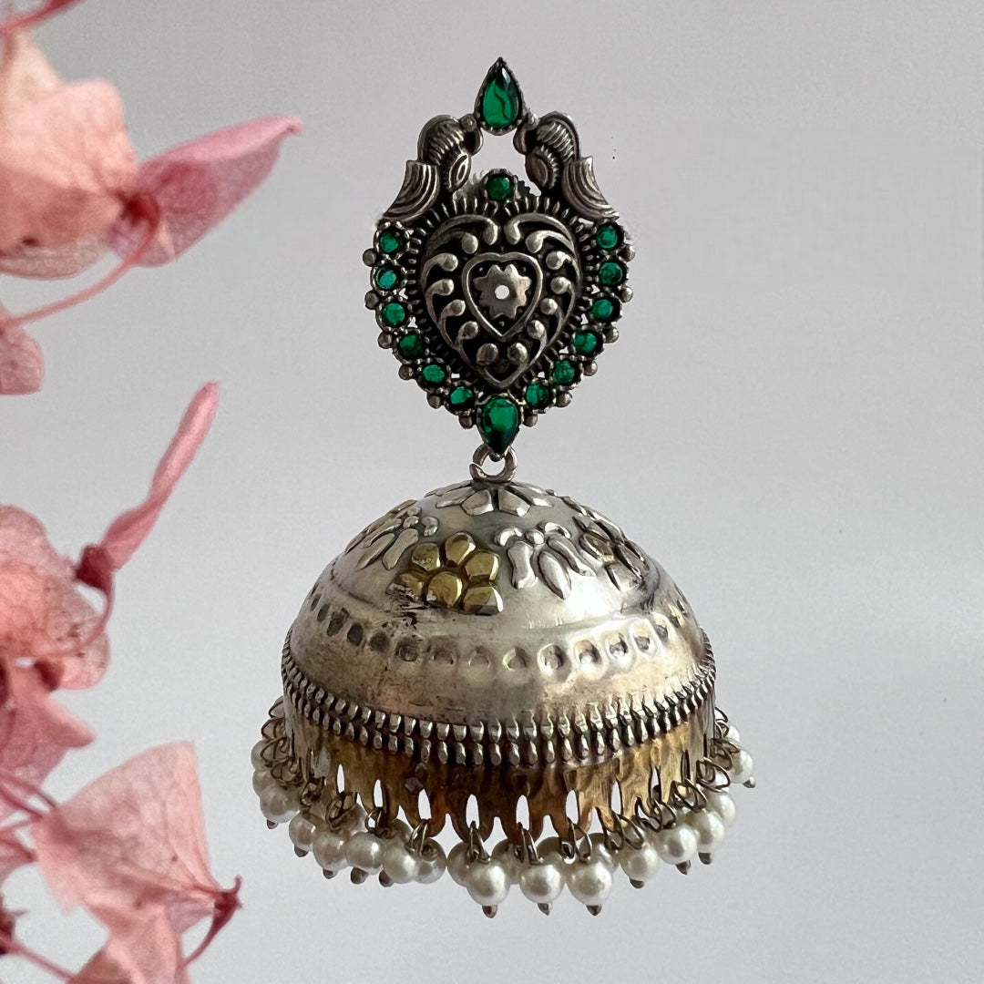 OLIVIA SILVER LOOK ALIKE DUAL-TONED PREMIUM POLISH HANDMADE JHUMKA ER236