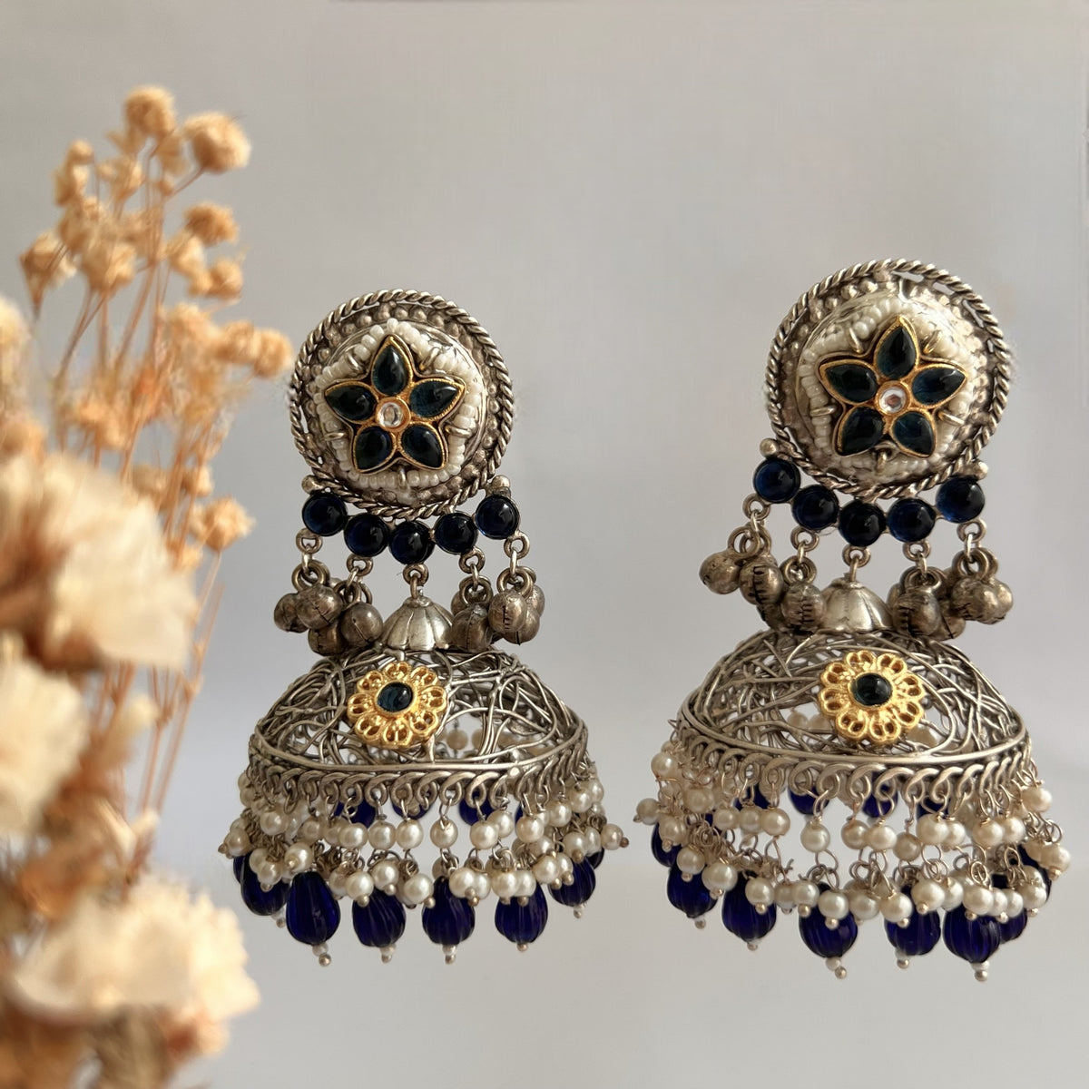 DAFINA SILVER LOOK ALIKE HAND HAMMERED AND HAND WIRED JHUMKA ER567