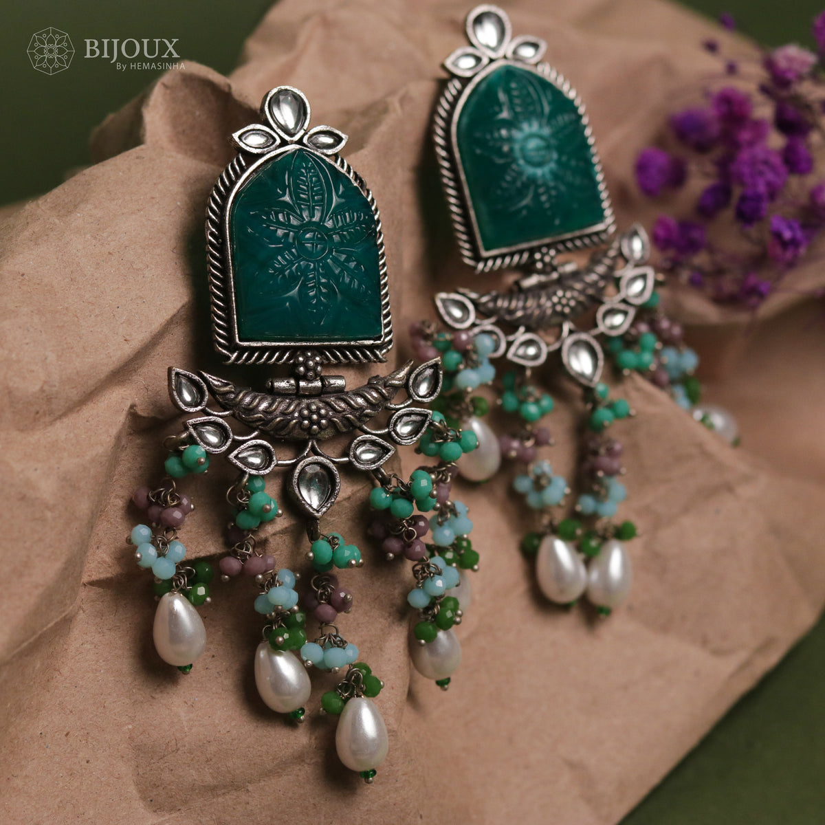 BEADED ENCHANTED CARVING SEMI-HANDMADE STONE EARRINGS ER30