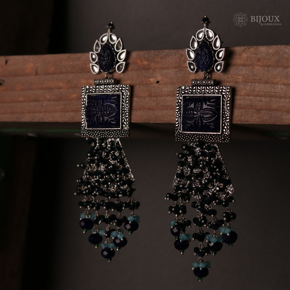 PLUME BEADED LONG FEATHER SEMI HANDMADE EARRINGS-ER115