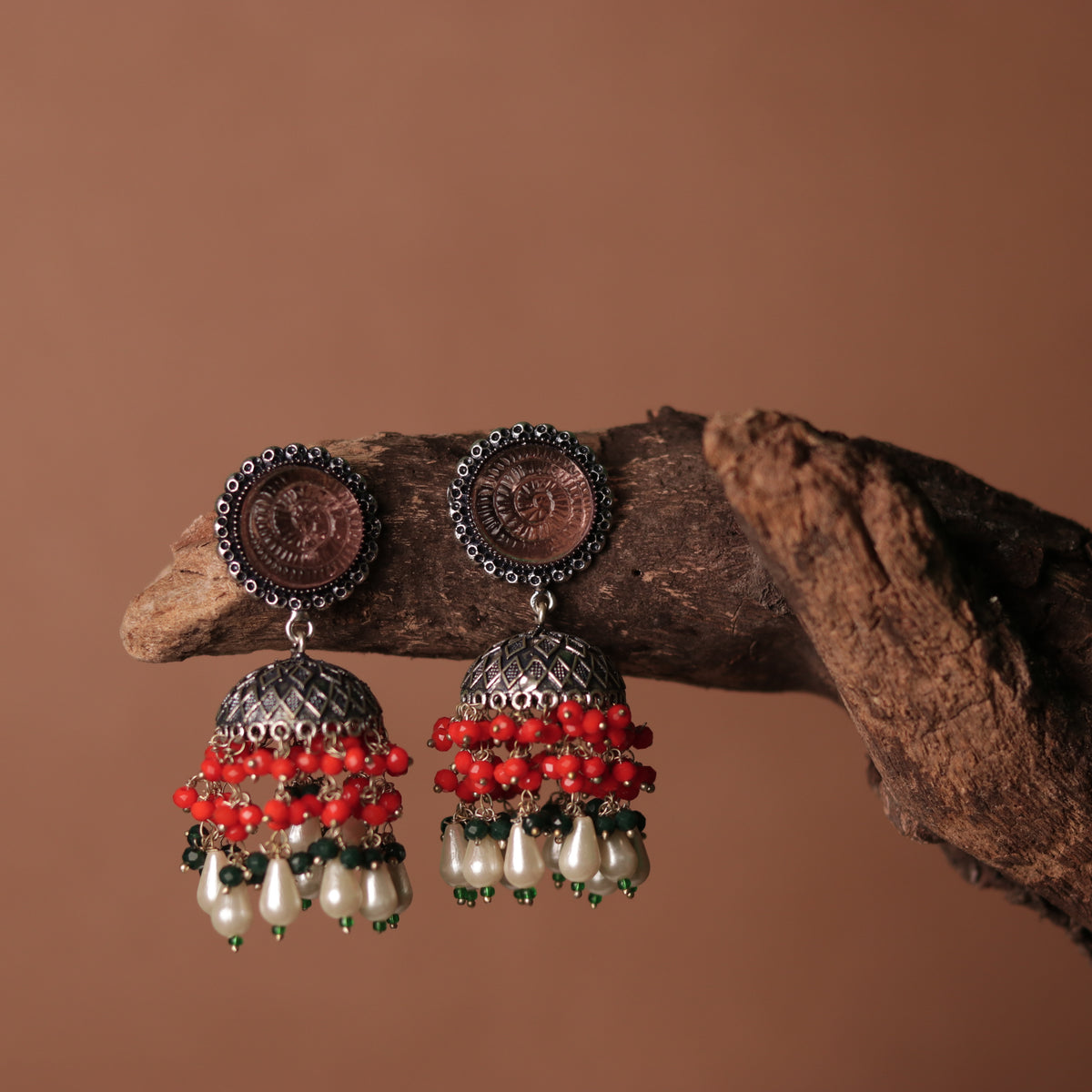 SPIRAL CARVING STONE SEMI HANDMADE BEADED JHUMKAS-ER113