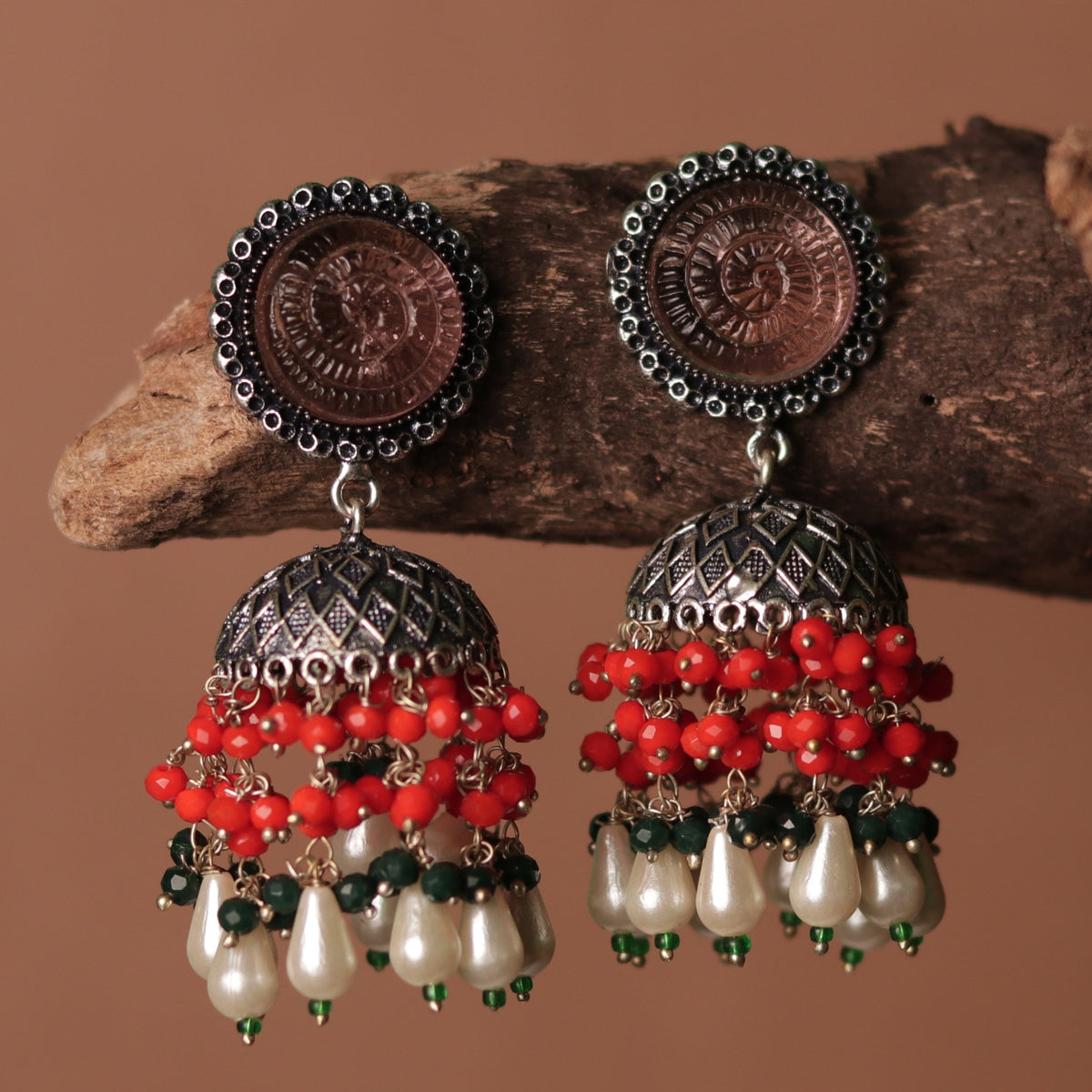 SPIRAL CARVING STONE SEMI HANDMADE BEADED JHUMKAS-ER113