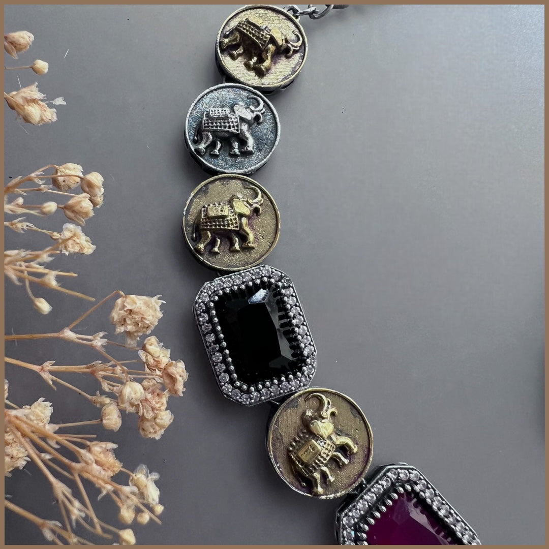 RENALKA FAUX SILVER BIJOUX PREMIUM AND EXCLUSIVE SEMI HANDMADE DUAL TONED NECKLACE WITH EARRINGS NL137