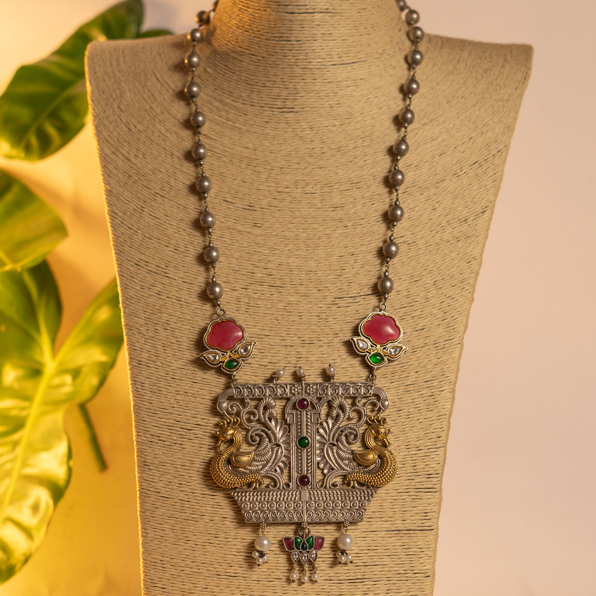 LILY HANDMADE RAW AND RUSTIC FAUX ANTIQUE DUAL TONE MALA WITH EARRINGS ML191