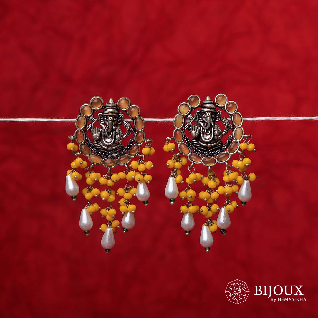 GANPATHI PAPPA OXIDIZED MONALISA STONE TEMPLE EARRING ER139