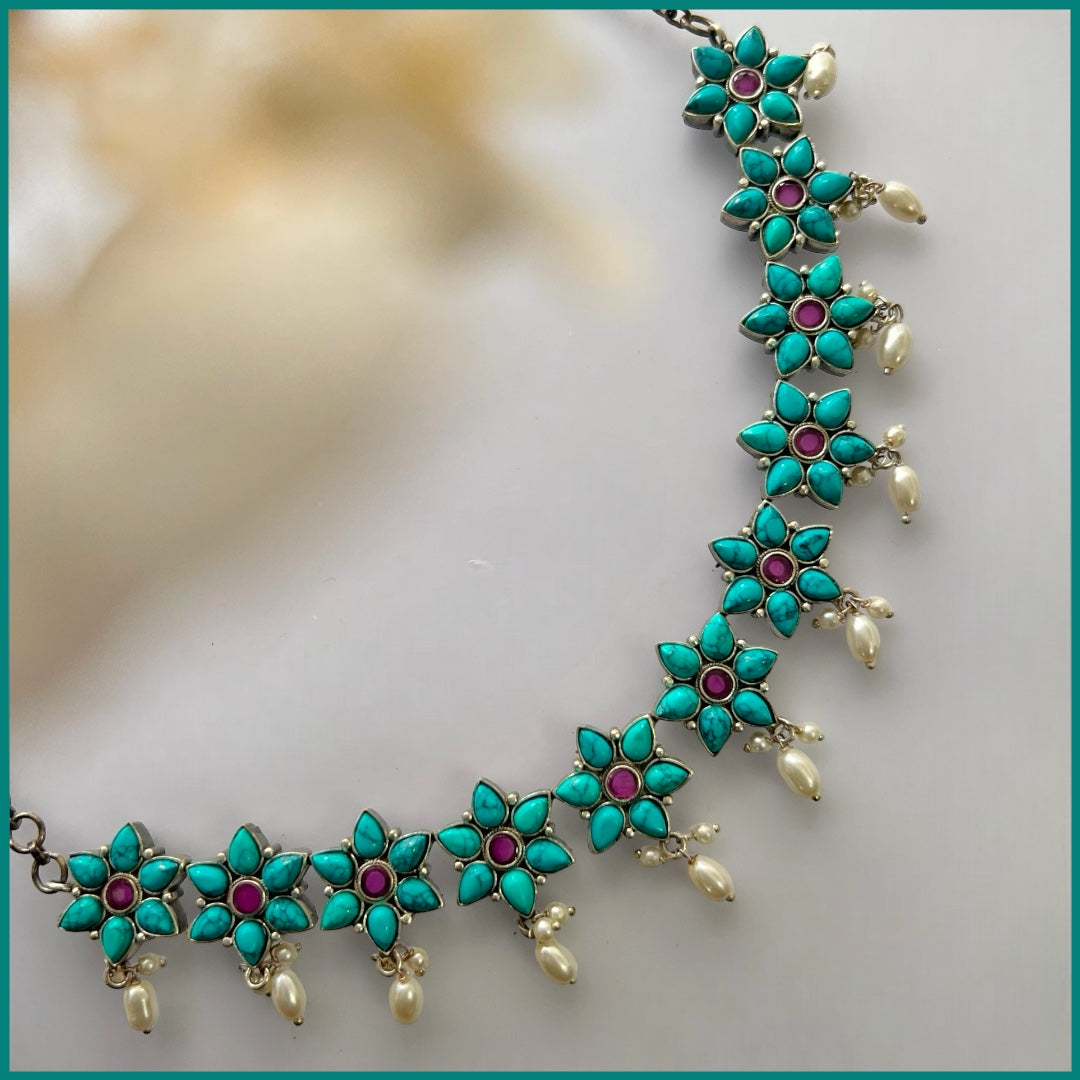 LYCARA FAUX SILVER PREMIUM SEMI HANDMADE NECKLACE WITH EARRINGS NL131