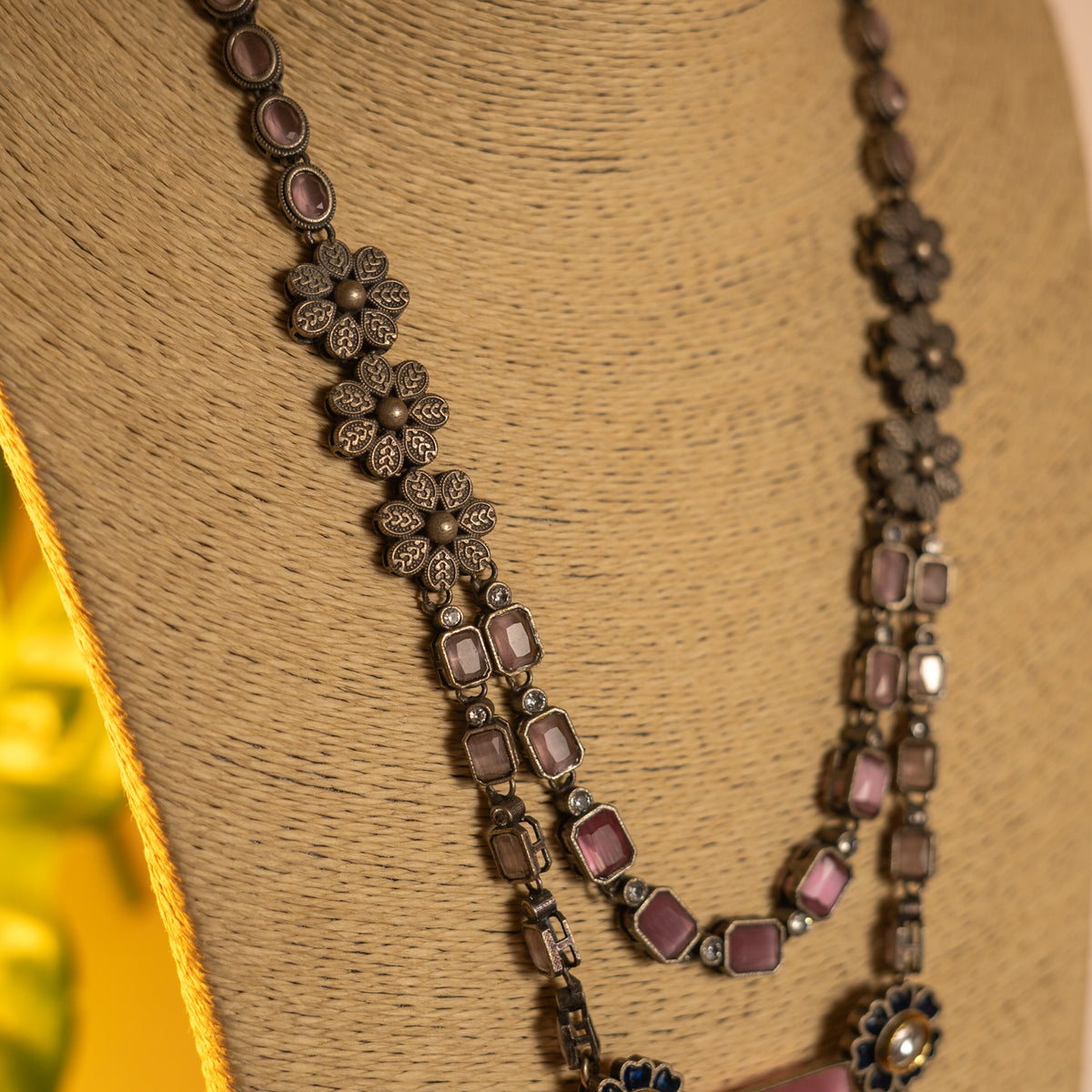 BLOOMY HANDMADE RAW AND RUSTIC FAUX SILVER ANTIQUE MALA WITH EARRINGS ML190