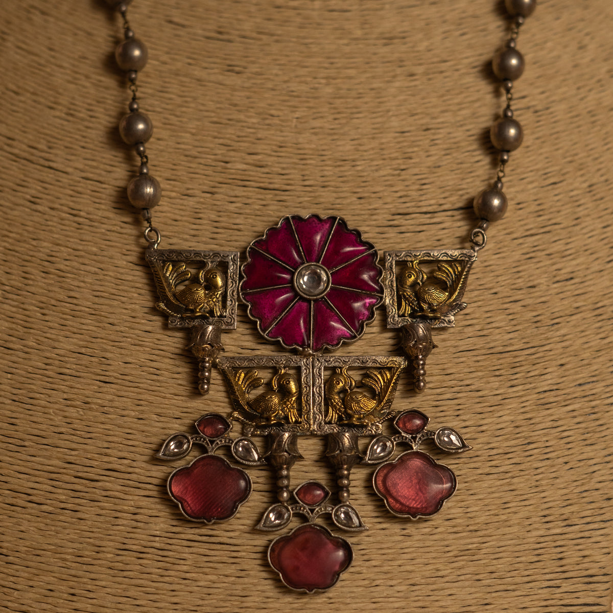 BLOSSOM HANDMADE RAW AND RUSTIC  BLOOM FAUX ANTIQUE DUAL TONE MALA WITH EARRINGS ML178