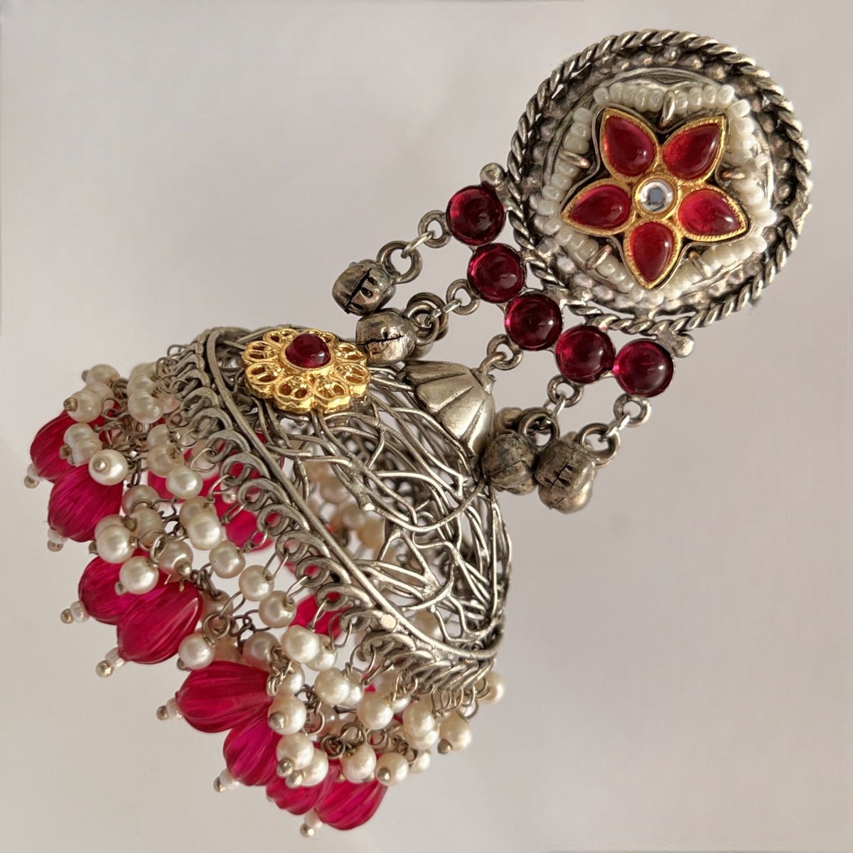 DAFINA SILVER LOOK ALIKE HAND HAMMERED AND HAND WIRED JHUMKA ER567