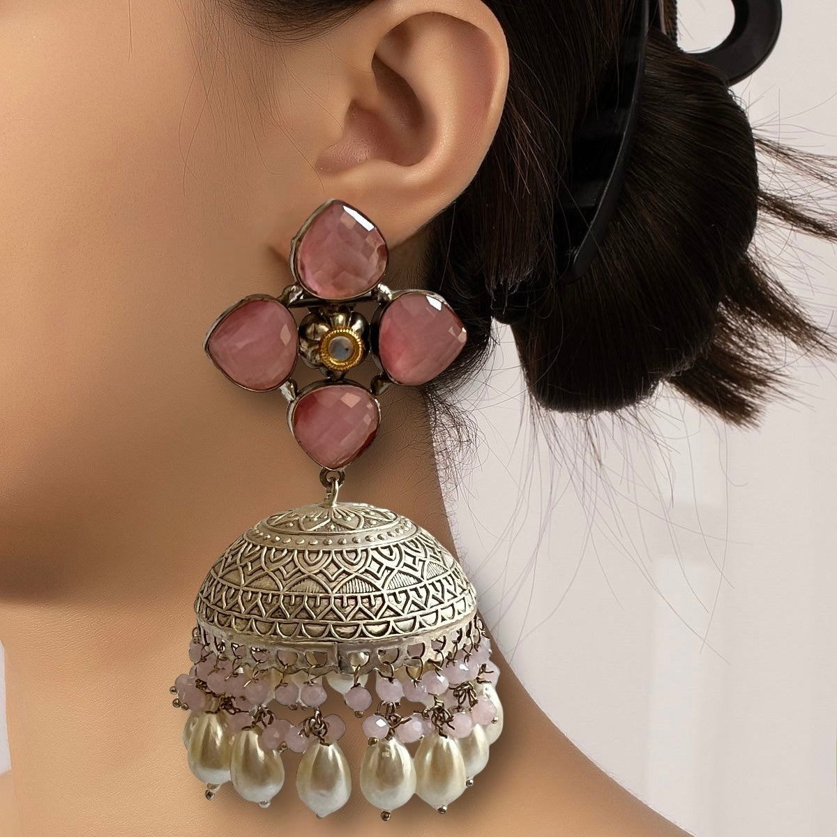 MAKARA SILVER LOOK ALIKE DUAL-TONED SILVER POLISH HANDMADE JHUMKA ER575