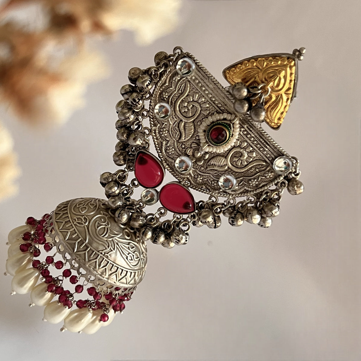 ÉLIRA SILVER LOOK ALIKE HAND HAMMERED DUAL TONED JUMBO JHUMKA ER558