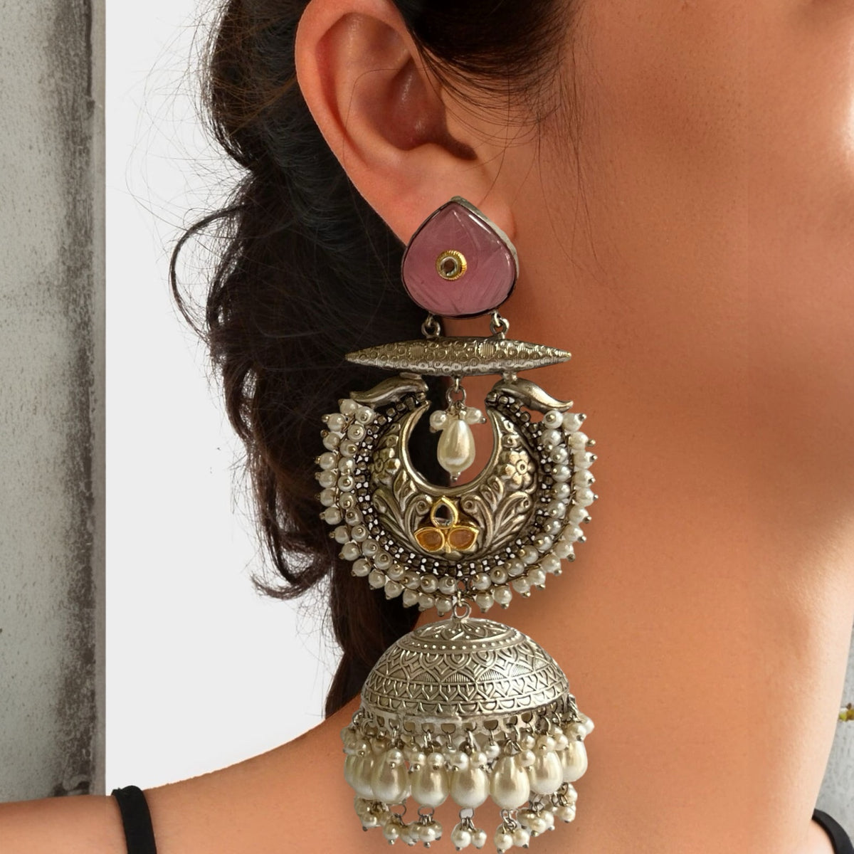 ALMAZ SILVER LOOK ALIKE DUAL-TONED SILVER POLISH HANDMADE JHUMKA ER560