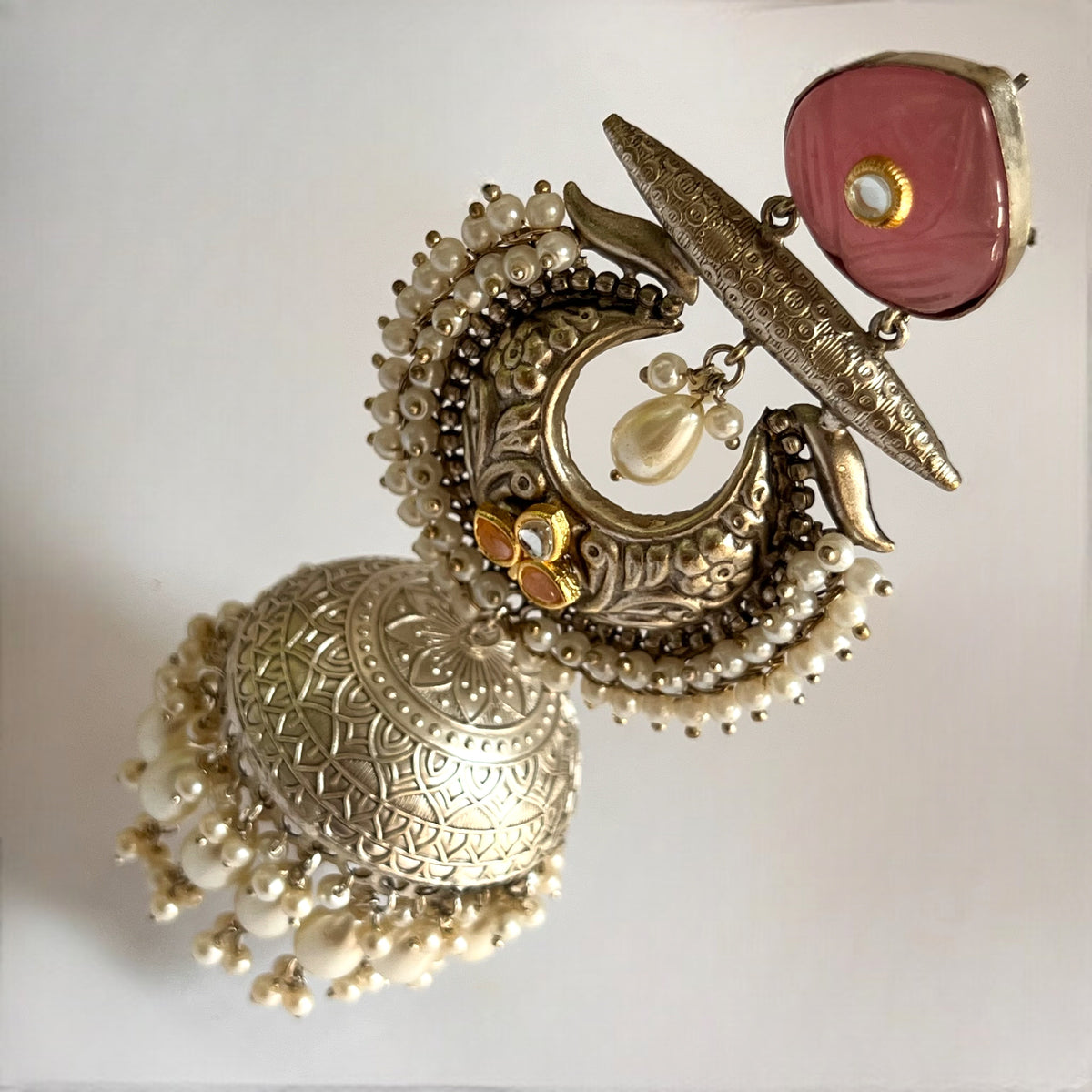 ALMAZ SILVER LOOK ALIKE DUAL-TONED SILVER POLISH HANDMADE JHUMKA ER560