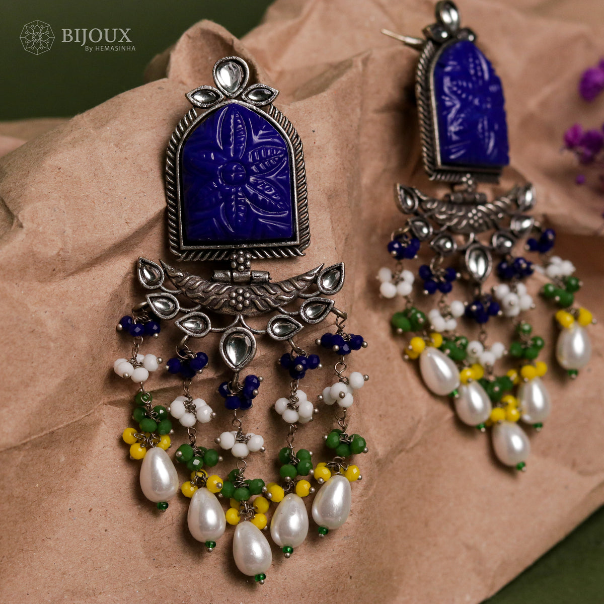 BEADED ENCHANTED CARVING SEMI-HANDMADE STONE EARRINGS ER30