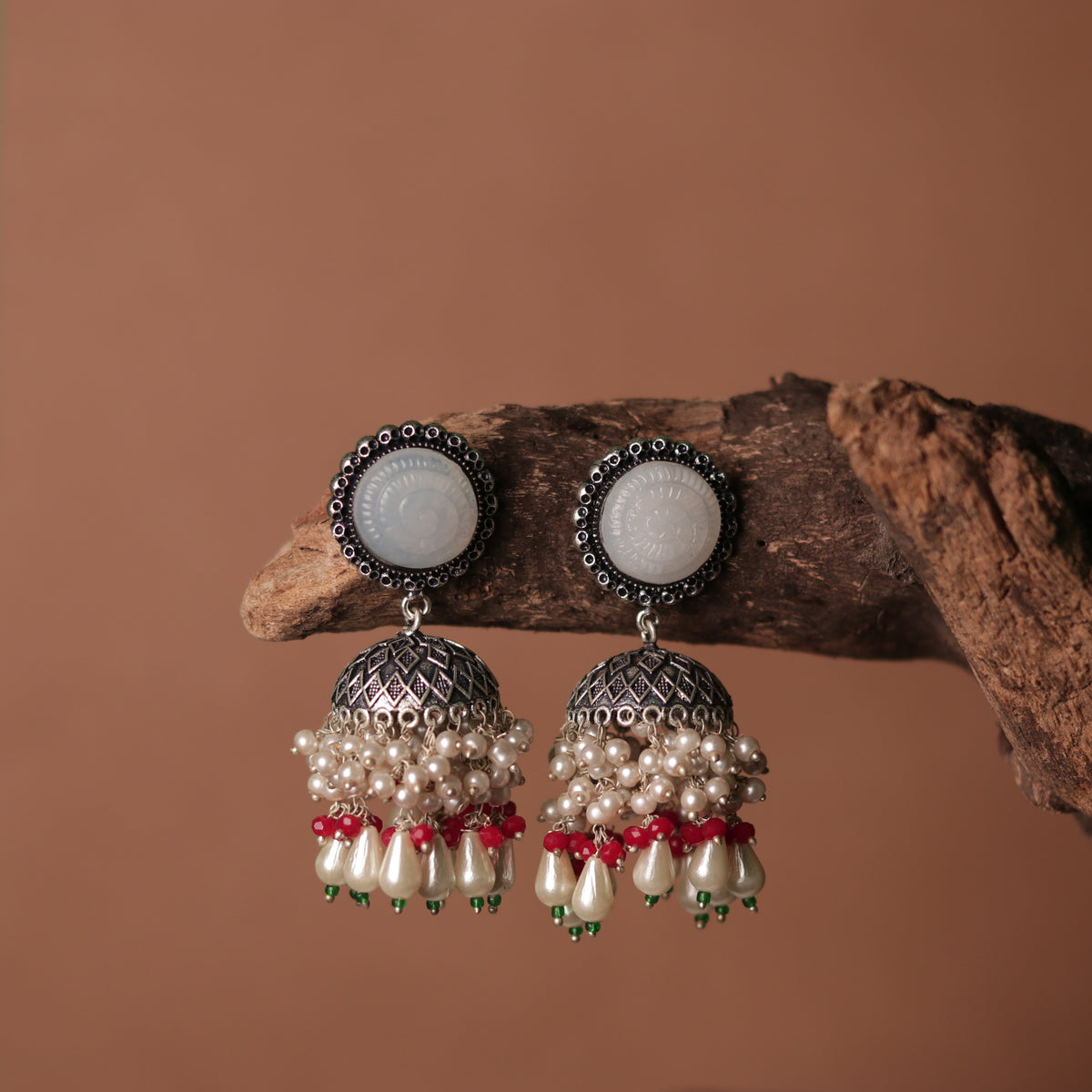 SPIRAL CARVING STONE SEMI HANDMADE BEADED JHUMKAS-ER113