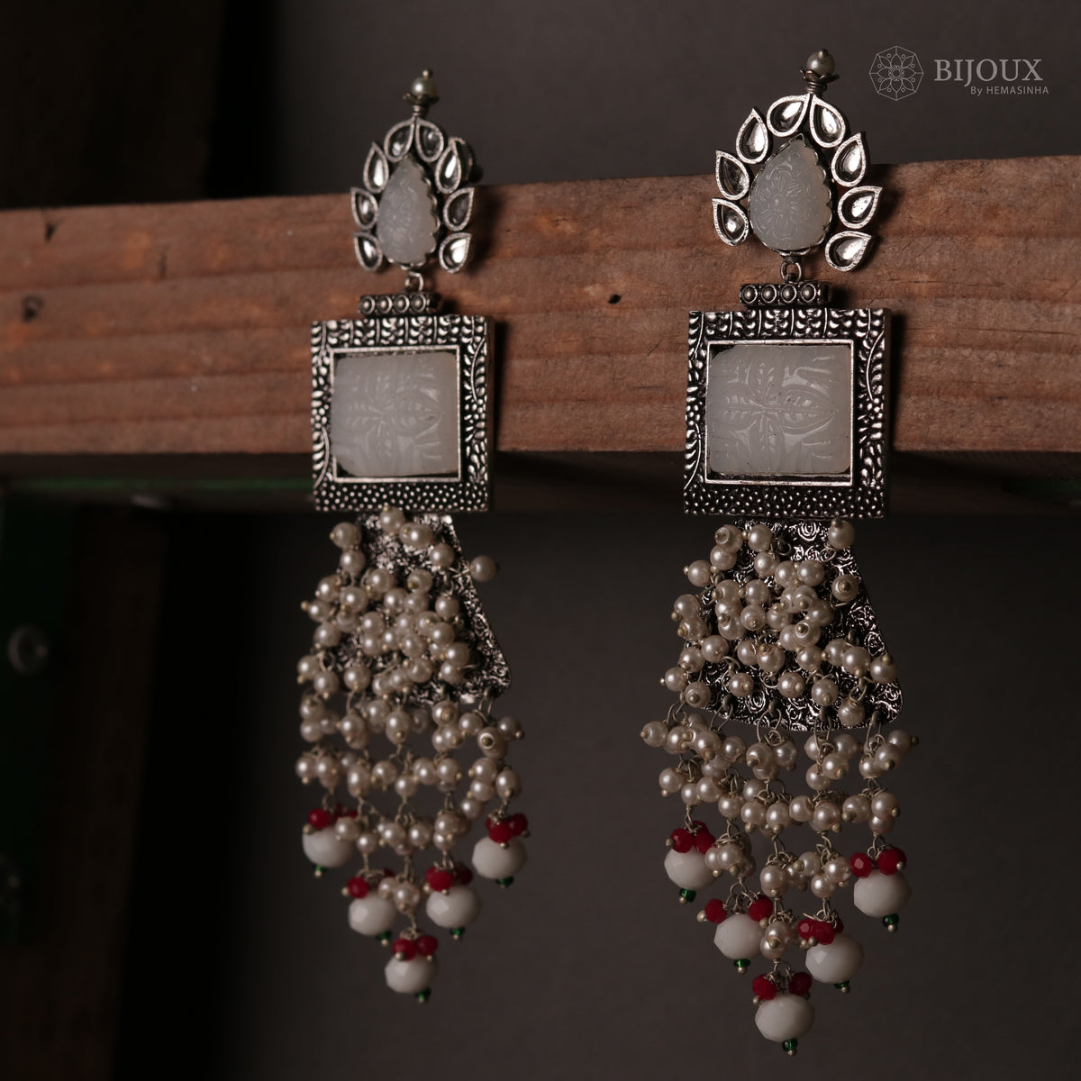 PLUME BEADED LONG FEATHER SEMI HANDMADE EARRINGS-ER115