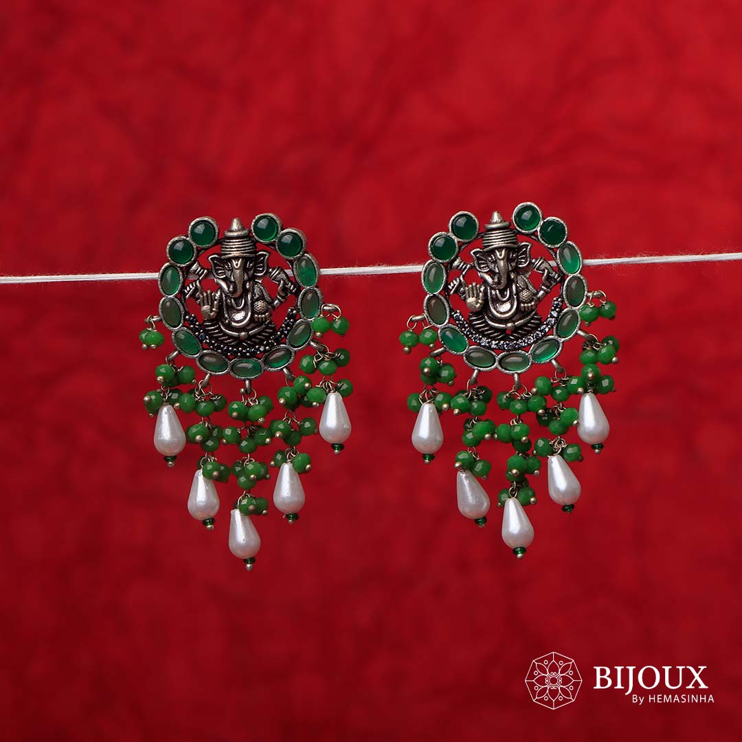 GANPATHI PAPPA OXIDIZED MONALISA STONE TEMPLE EARRING ER139