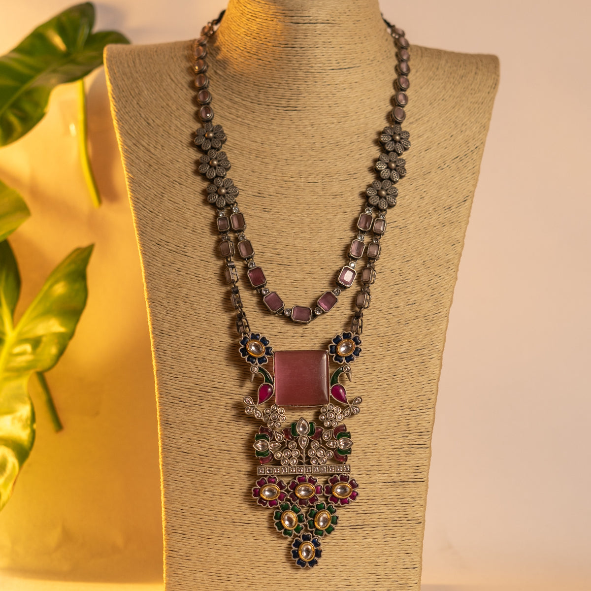 BLOOMY HANDMADE RAW AND RUSTIC FAUX SILVER ANTIQUE MALA WITH EARRINGS ML190