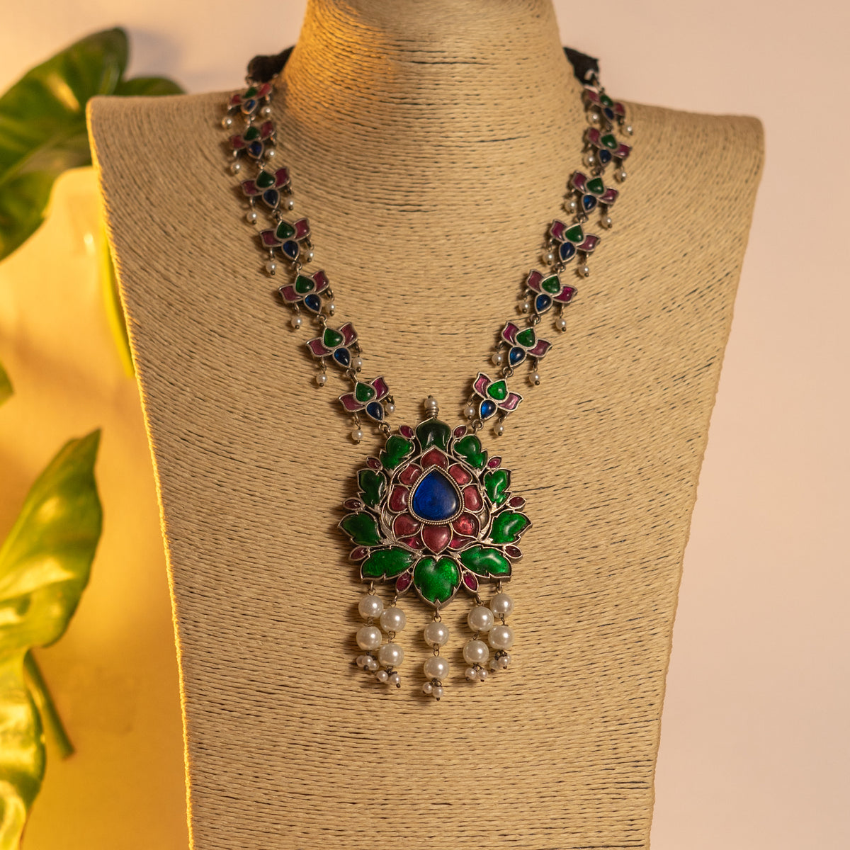 CARNATION HANDMADE RAW AND RUSTIC FAUX SILVER ANTIQUE MALA WITH EARRINGS ML192