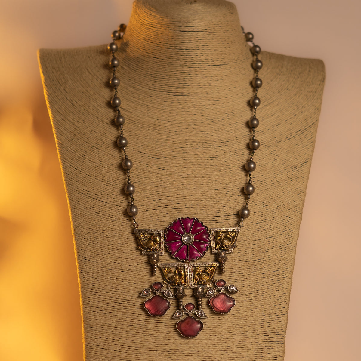 BLOSSOM HANDMADE RAW AND RUSTIC  BLOOM FAUX ANTIQUE DUAL TONE MALA WITH EARRINGS ML178