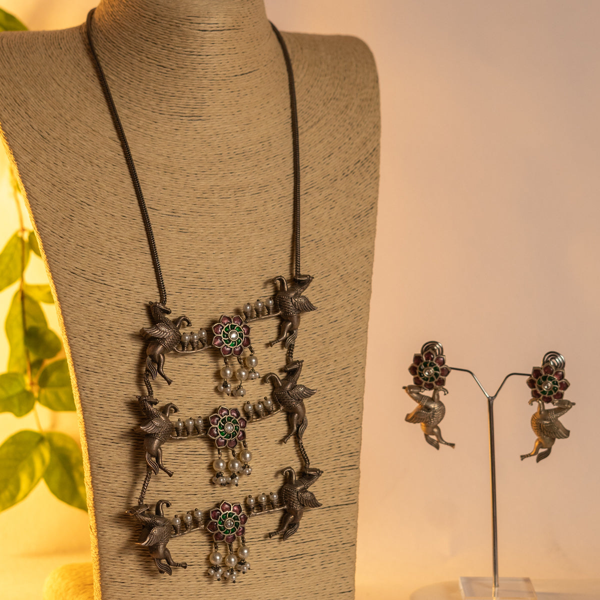 RUSTIC HANDMADE RAW AND RUSTIC BEAUTY FAUX SILVER ANTIQUE MALA WITH EARRINGS ML182