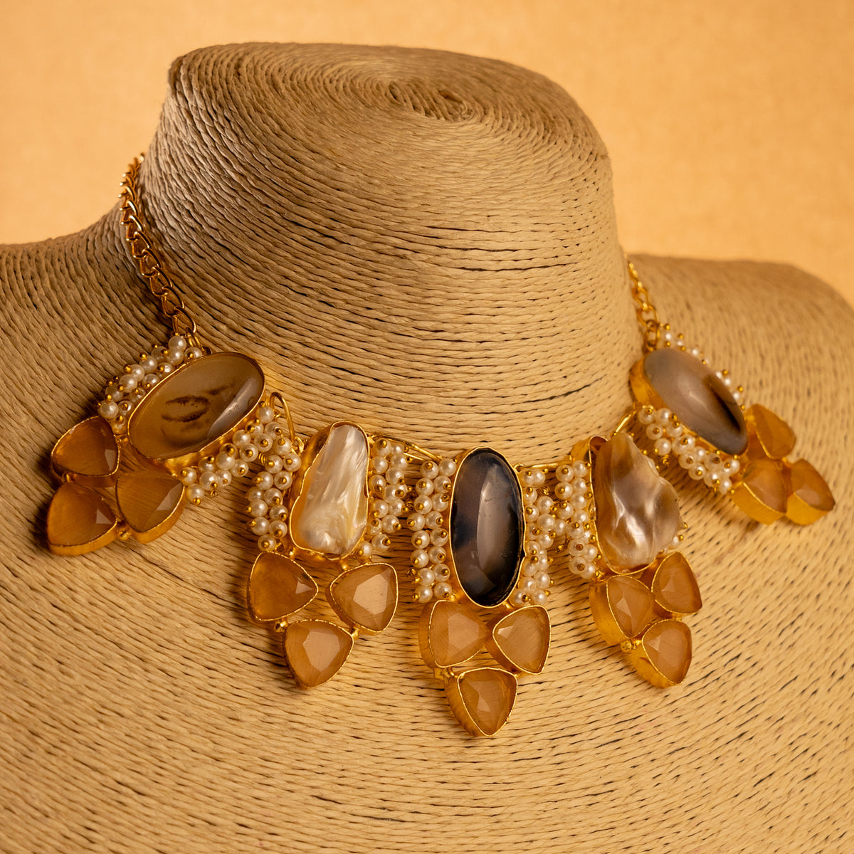 VIHARA MOP AND RAW STONE HANDMADE GOLD TONED RAW AND RUSTIC FINISH NECKLACE NL34