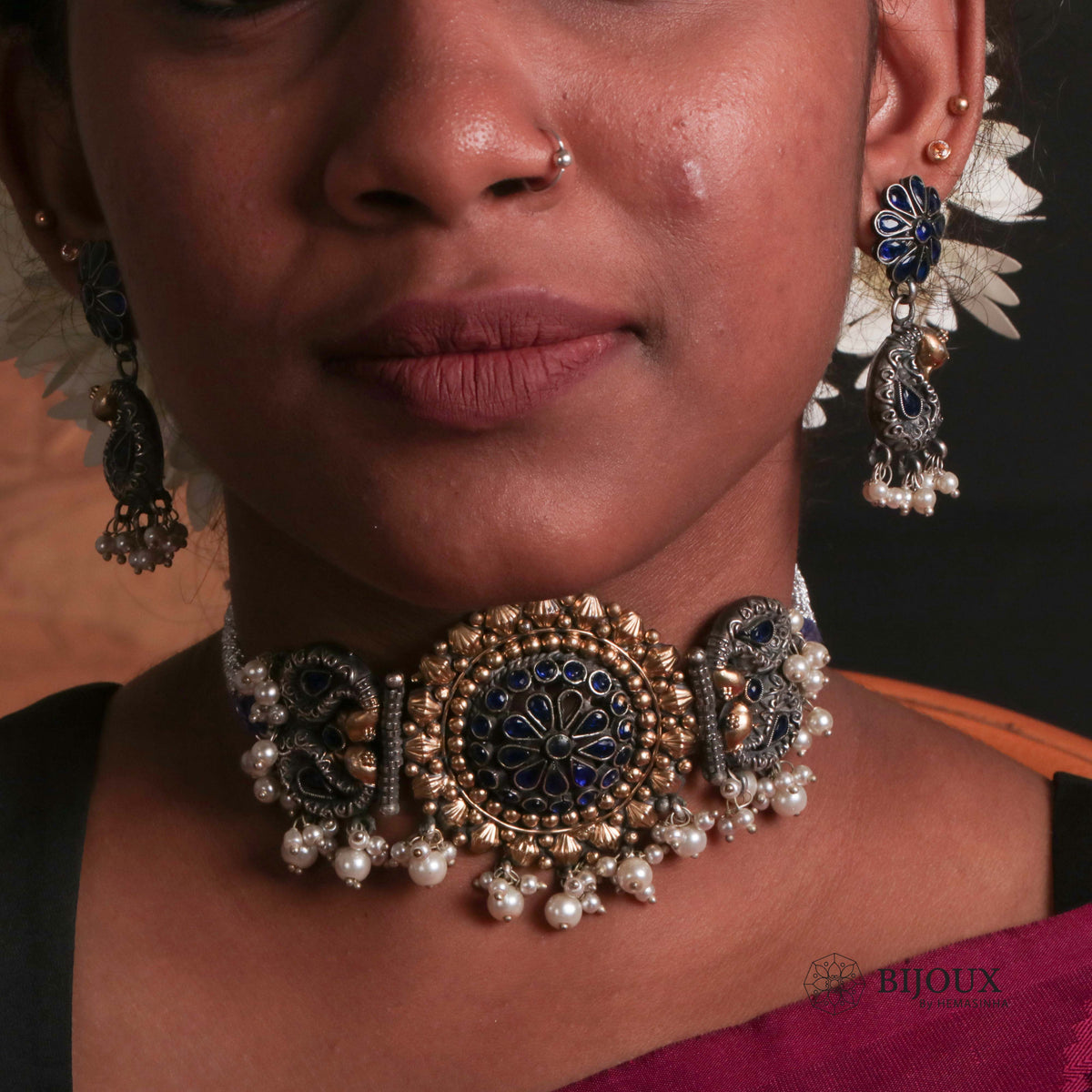 NEETA BIJOUX PREMIUM SEMI HANDMADE CHOKER WITH EARRINGS CH63