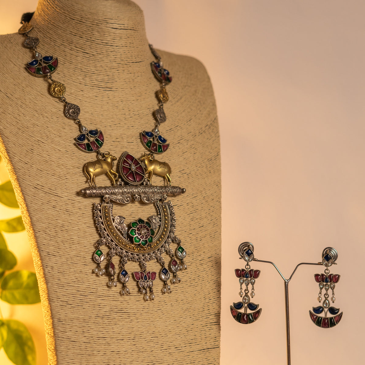 ADITI HANDMADE RAW AND RUSTIC FAUX ANTIQUE DUAL TONE MALA WITH EARRINGS ML186