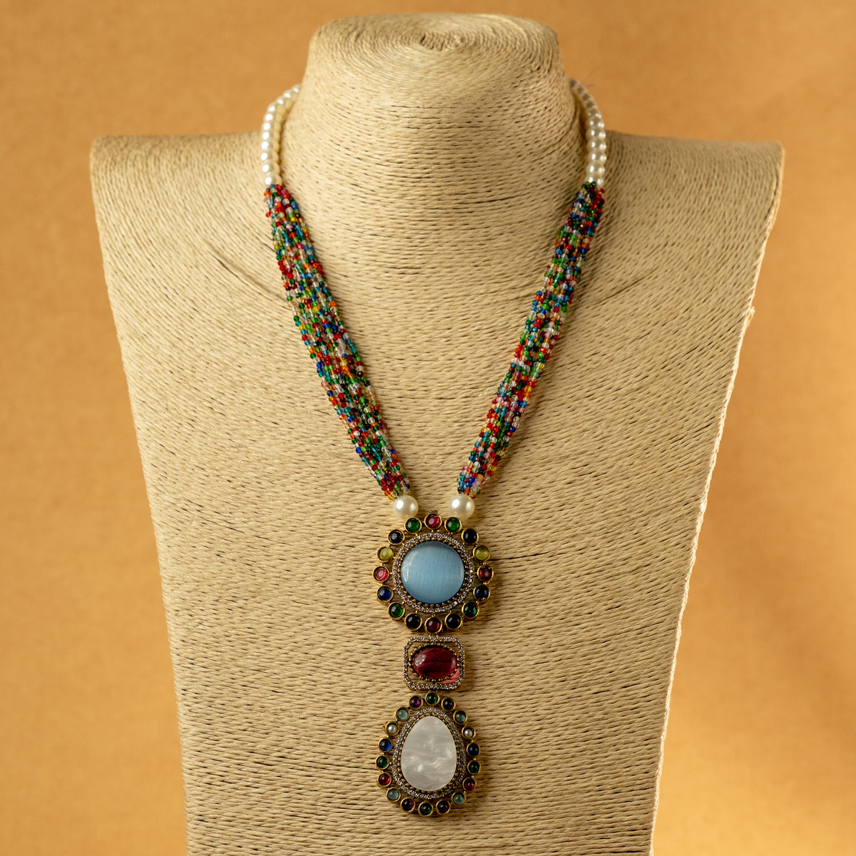 MITHILDA DUAL TONED SEMI HANDMADE MONALISA STONES NECKPIECE/NECKLACE EARRINGS NL323