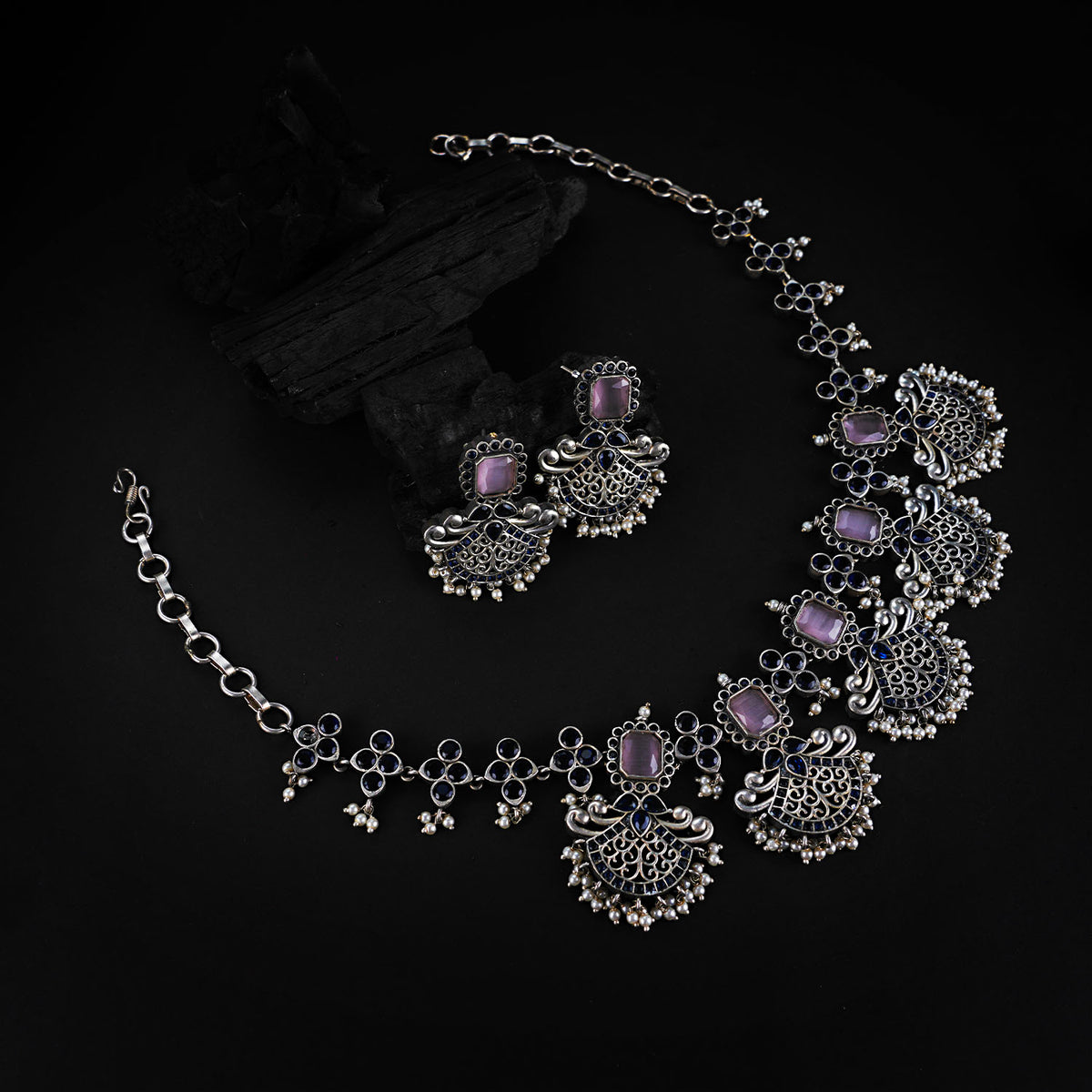 NIMISHA FAUX SILVER PREMIUM SEMI HANDMADE NECKLACE WITH EARRINGS NL126