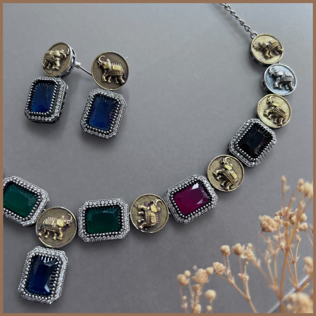 RENALKA FAUX SILVER BIJOUX PREMIUM AND EXCLUSIVE SEMI HANDMADE DUAL TONED NECKLACE WITH EARRINGS NL137