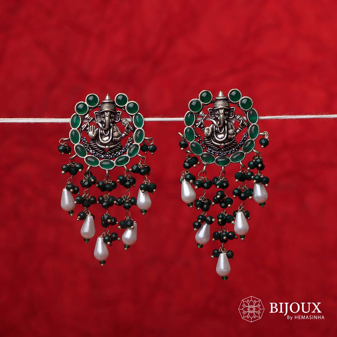 GANPATHI PAPPA OXIDIZED MONALISA STONE TEMPLE EARRING ER139