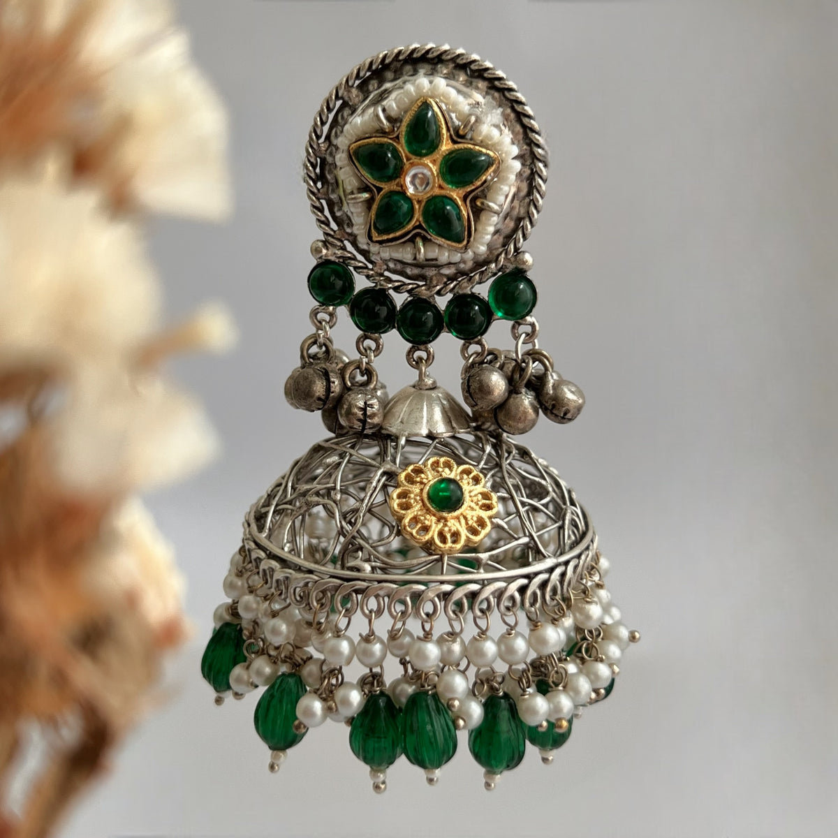 DAFINA SILVER LOOK ALIKE HAND HAMMERED AND HAND WIRED JHUMKA ER567