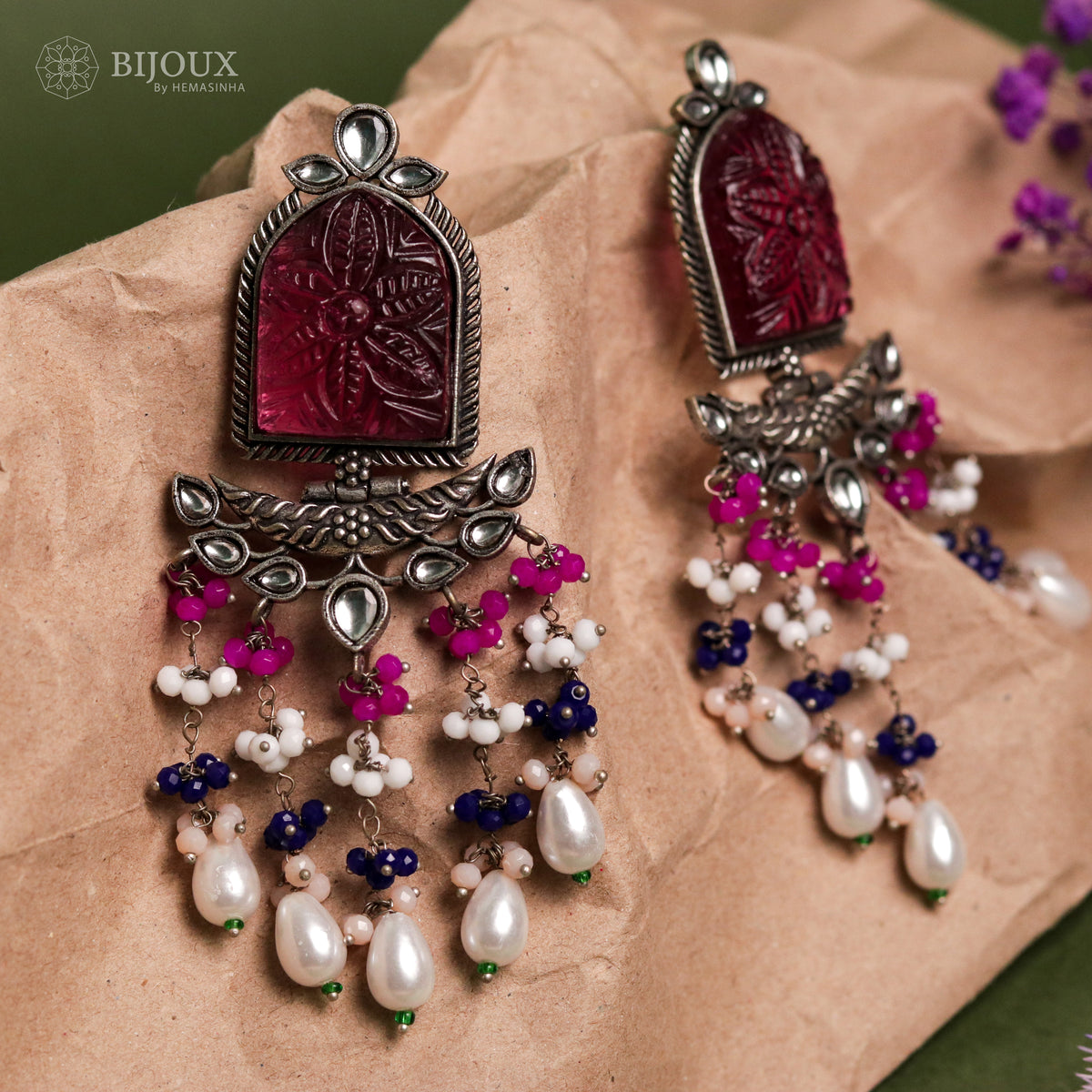 BEADED ENCHANTED CARVING SEMI-HANDMADE STONE EARRINGS ER30