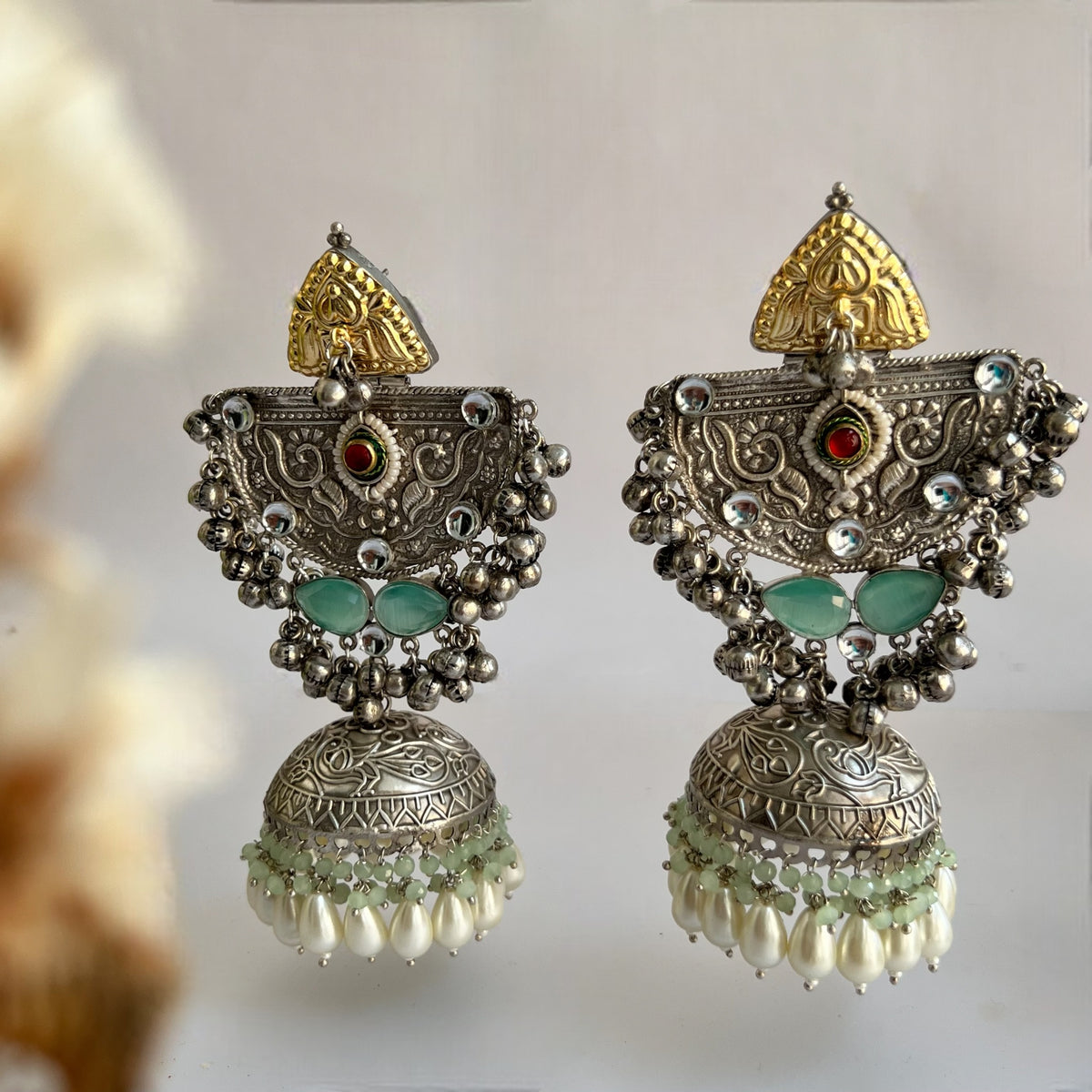 ÉLIRA SILVER LOOK ALIKE HAND HAMMERED DUAL TONED JUMBO JHUMKA ER558