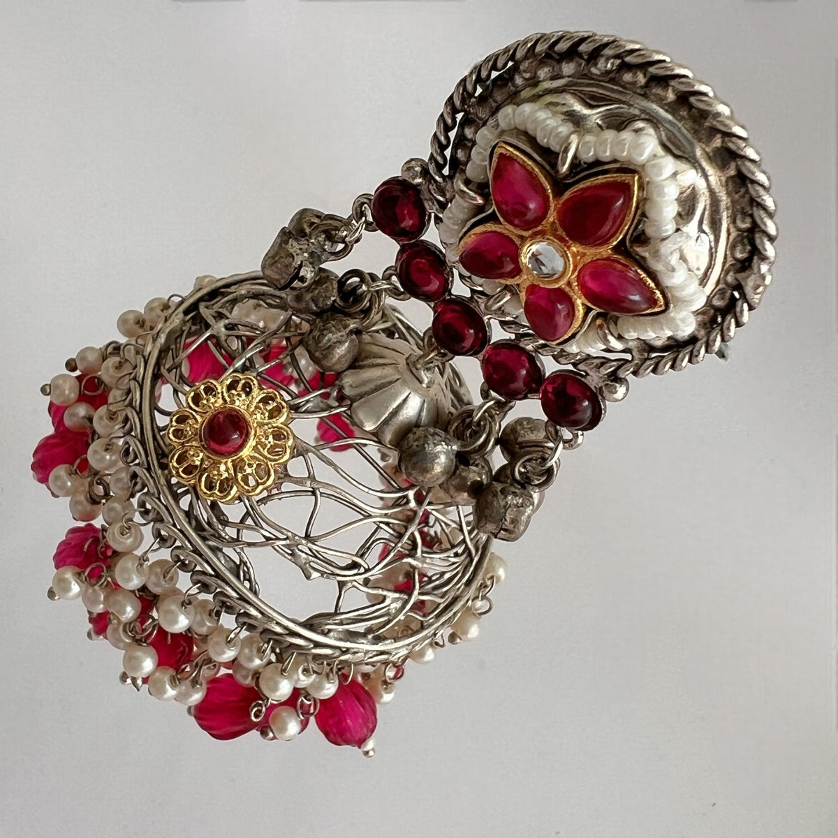 DAFINA SILVER LOOK ALIKE HAND HAMMERED AND HAND WIRED JHUMKA ER567