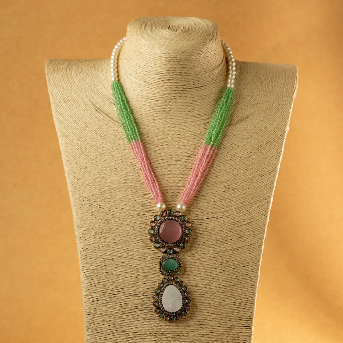 MITHILDA DUAL TONED SEMI HANDMADE MONALISA STONES NECKPIECE/NECKLACE EARRINGS NL323