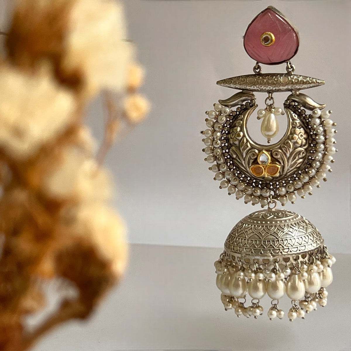 ALMAZ SILVER LOOK ALIKE DUAL-TONED SILVER POLISH HANDMADE JHUMKA ER560