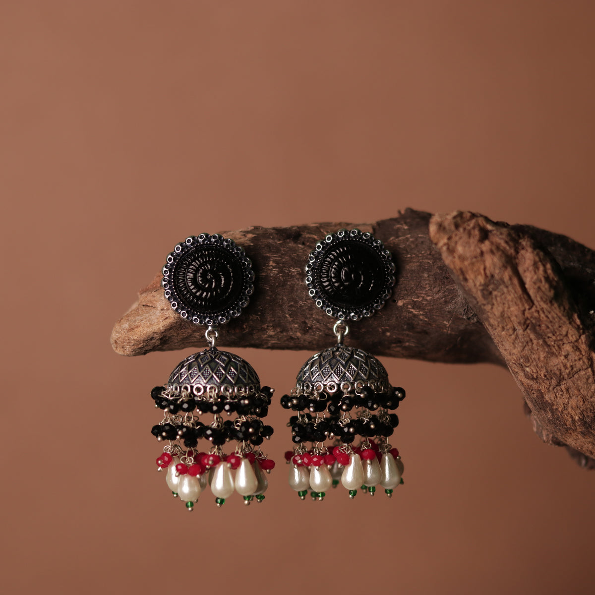 SPIRAL CARVING STONE SEMI HANDMADE BEADED JHUMKAS-ER113