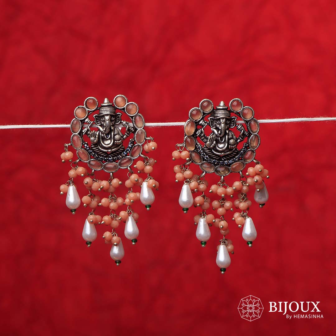 GANPATHI PAPPA OXIDIZED MONALISA STONE TEMPLE EARRING ER139