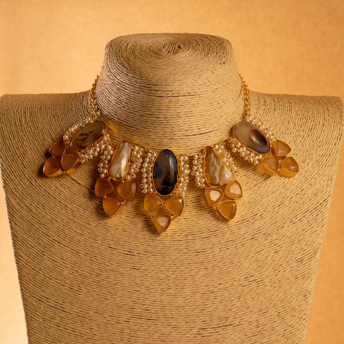 VIHARA MOP AND RAW STONE HANDMADE GOLD TONED RAW AND RUSTIC FINISH NECKLACE NL34