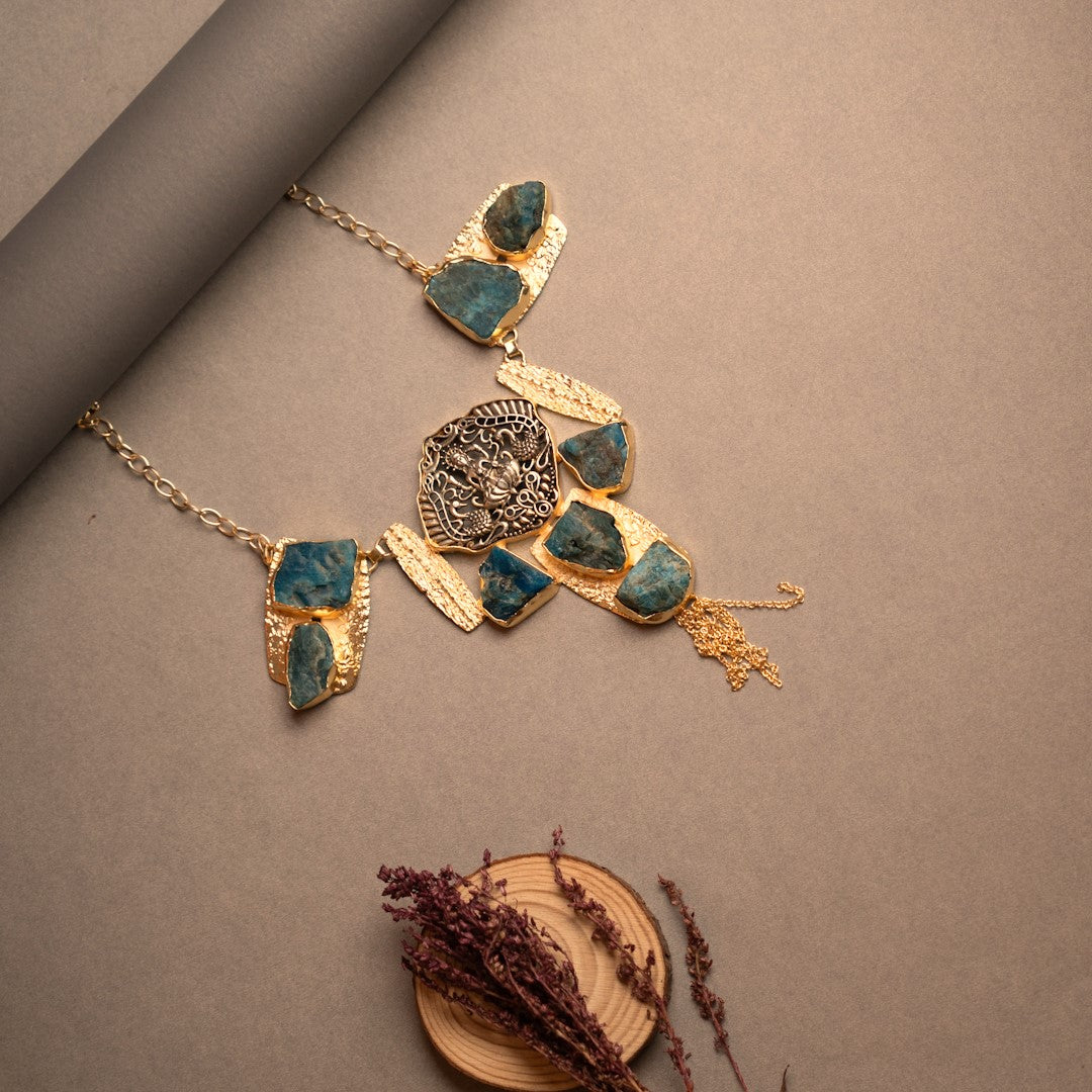 VINOBHA BIJOUX EXCLUSIVE HANDMADE RAW STONE DUAL TONED TEMPLE NECKLACE NL248