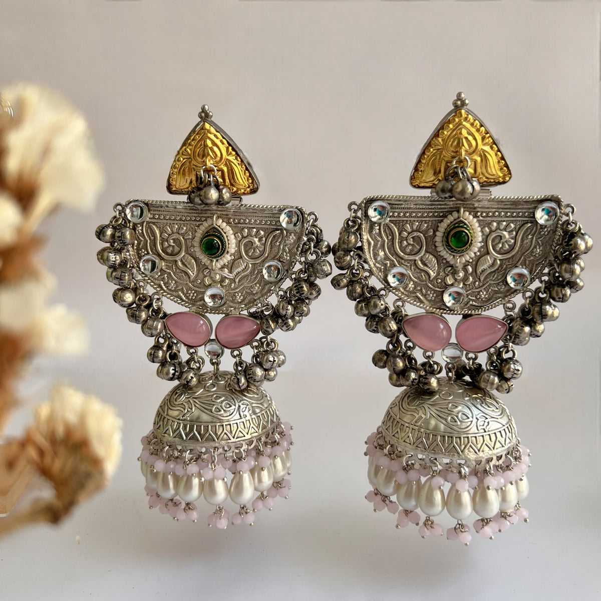 ÉLIRA SILVER LOOK ALIKE HAND HAMMERED DUAL TONED JUMBO JHUMKA ER558