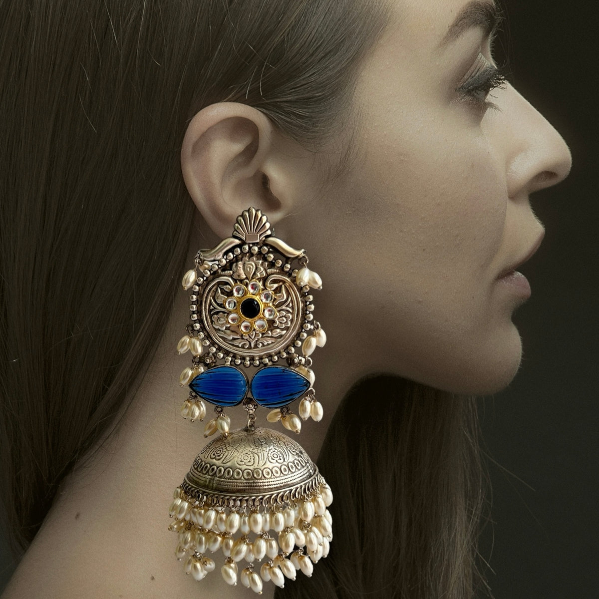 SELAM SILVER LOOK ALIKE DUAL-TONED SILVER POLISH HANDMADE JHUMKA ER574