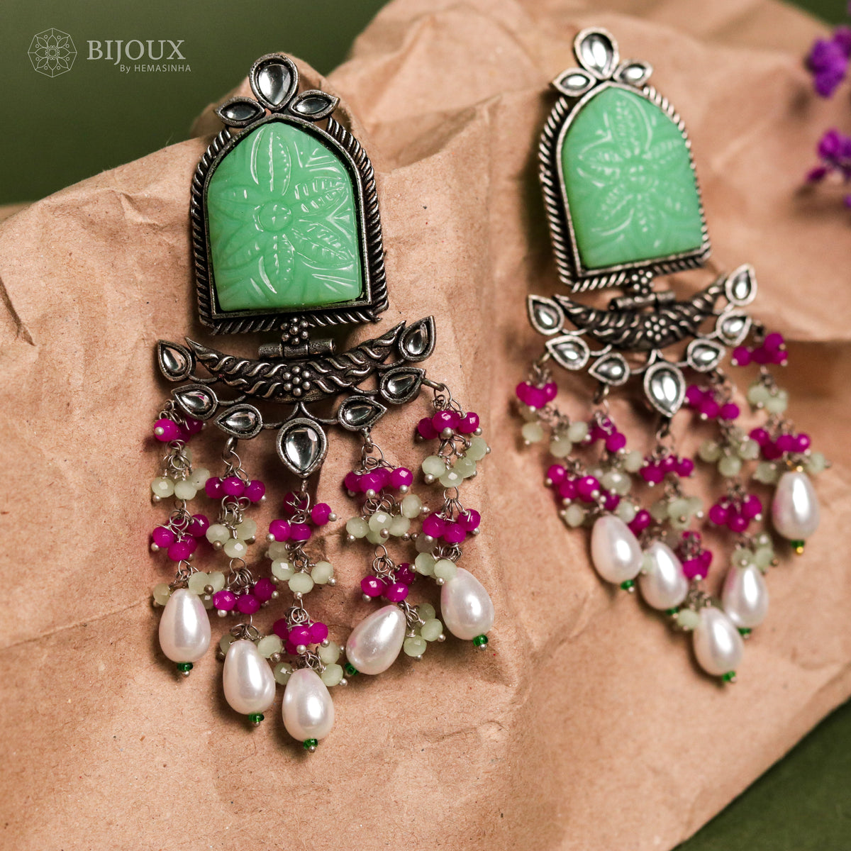 BEADED ENCHANTED CARVING SEMI-HANDMADE STONE EARRINGS ER30