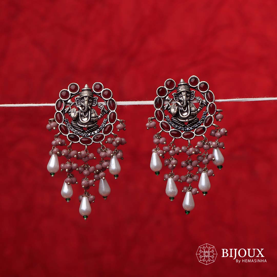 GANPATHI PAPPA OXIDIZED MONALISA STONE TEMPLE EARRING ER139
