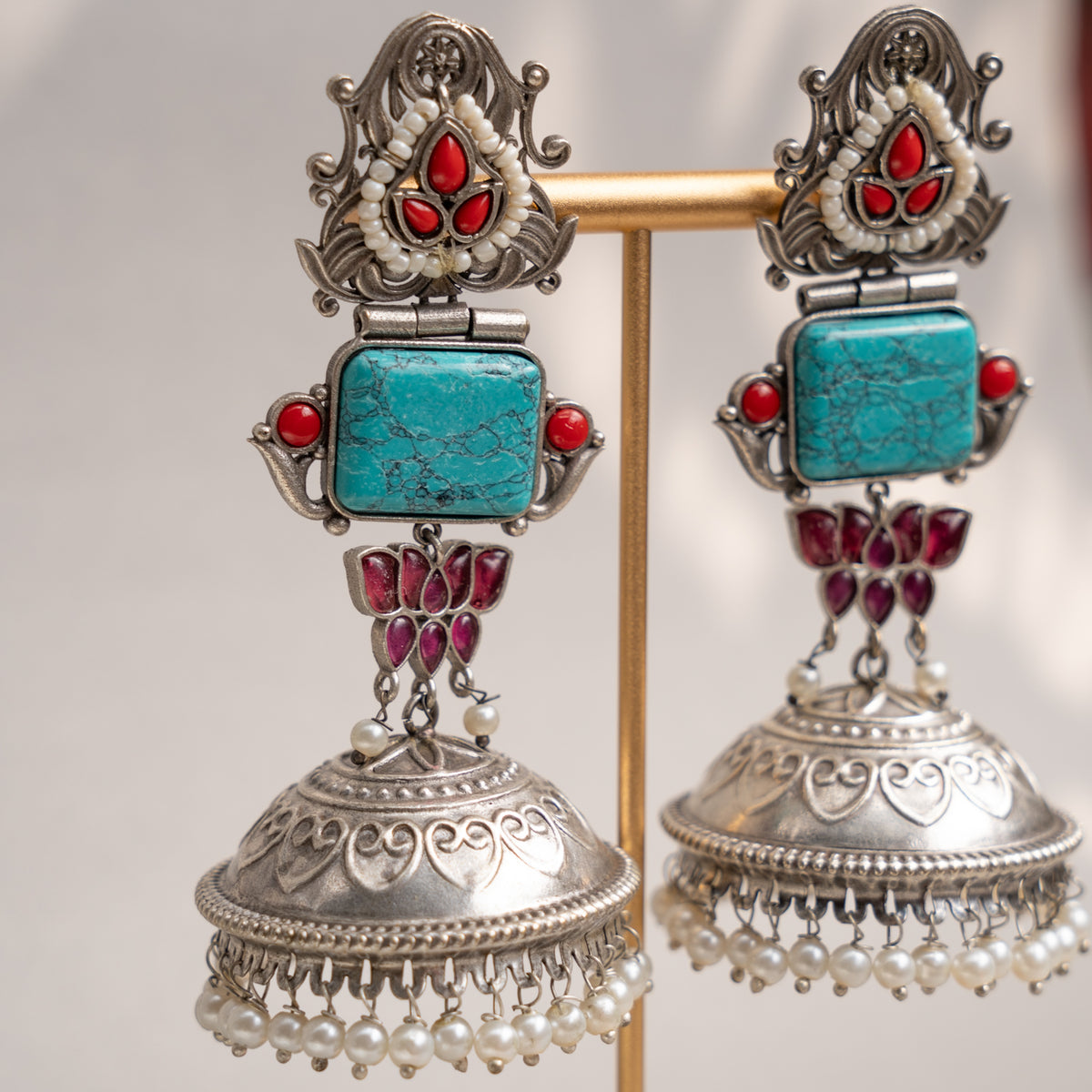 KASHVI BIJOUX PREMIUM FAUX SILVER RAW AND RUSTIC HANDMADE MONALISA STONE EARRINGS/JHUMKAS ER738