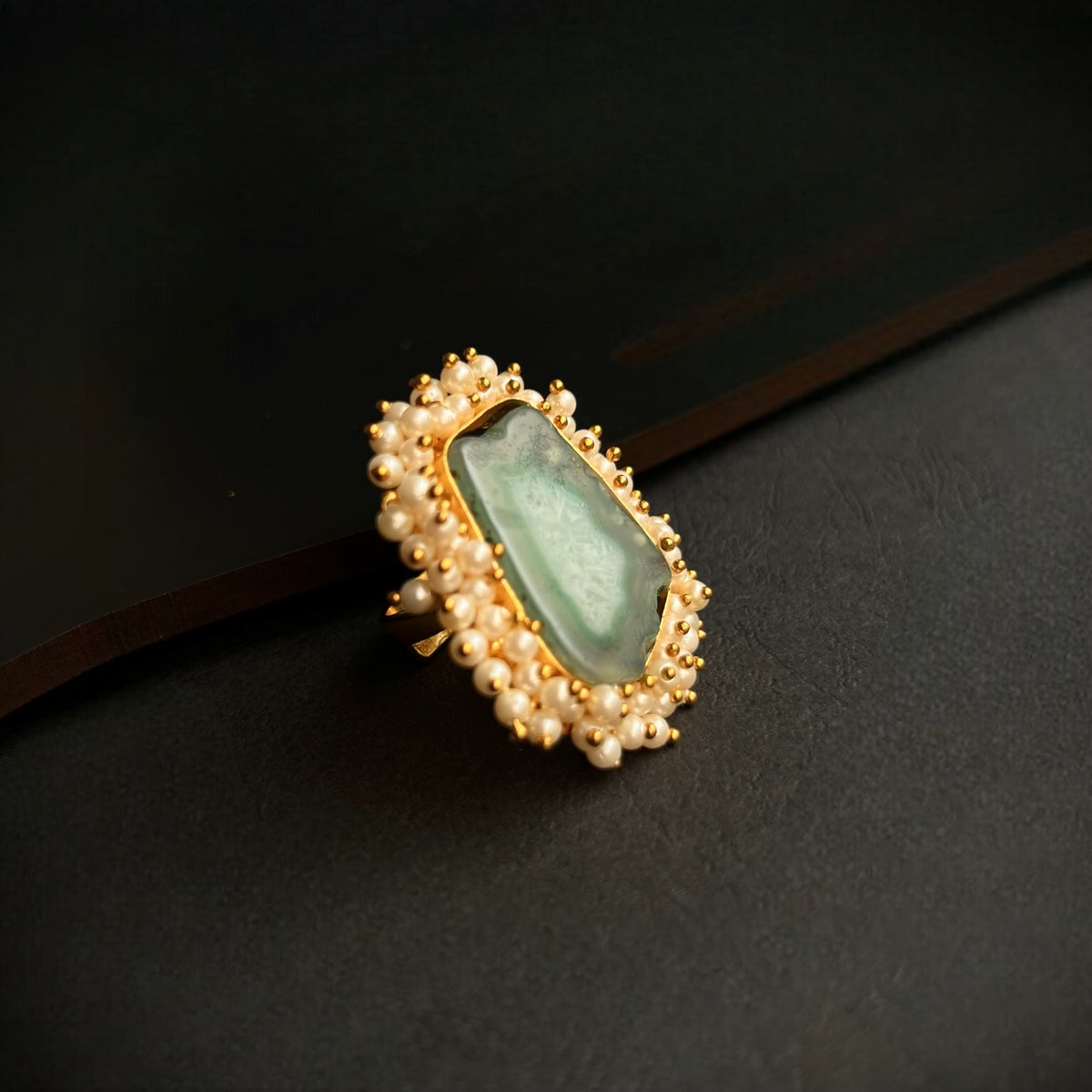 CIEL  AGATE PEARL WORK GOLD TONED RING R17