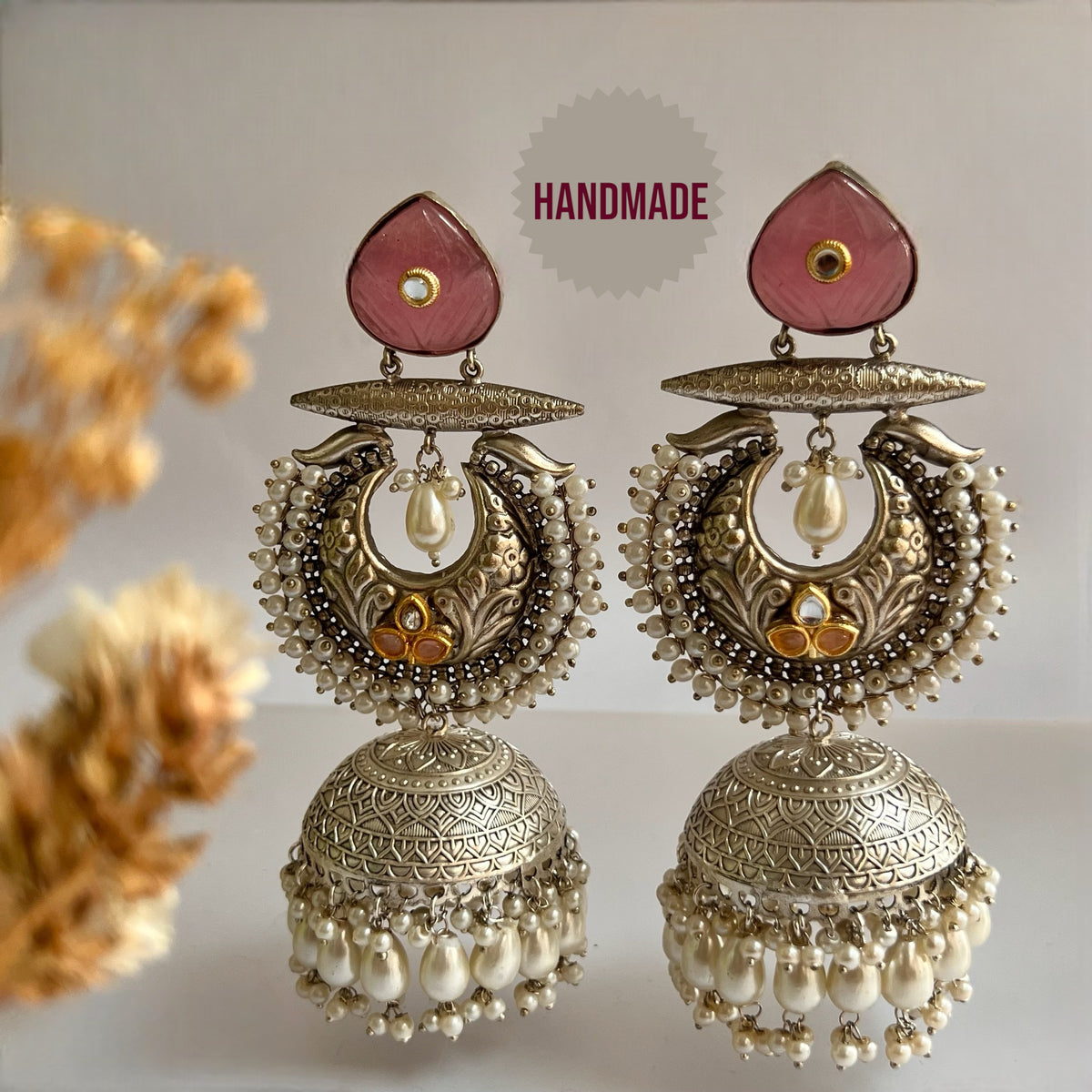 ALMAZ SILVER LOOK ALIKE DUAL-TONED SILVER POLISH HANDMADE JHUMKA ER560