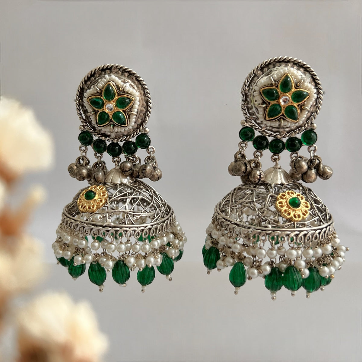 DAFINA SILVER LOOK ALIKE HAND HAMMERED AND HAND WIRED JHUMKA ER567